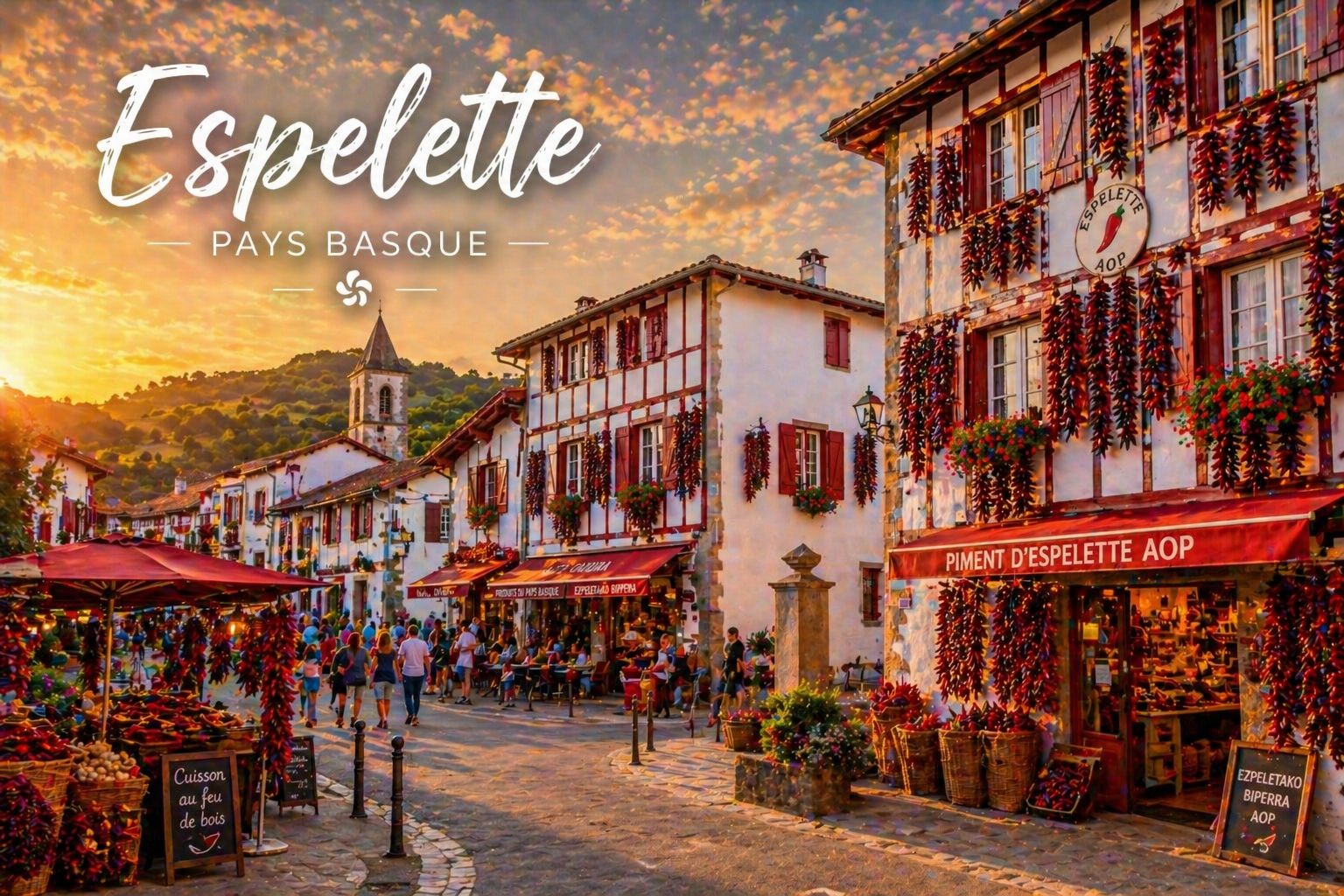 Espelette - façades rouges et blanches avec piments séchant au soleil, Pays Basque